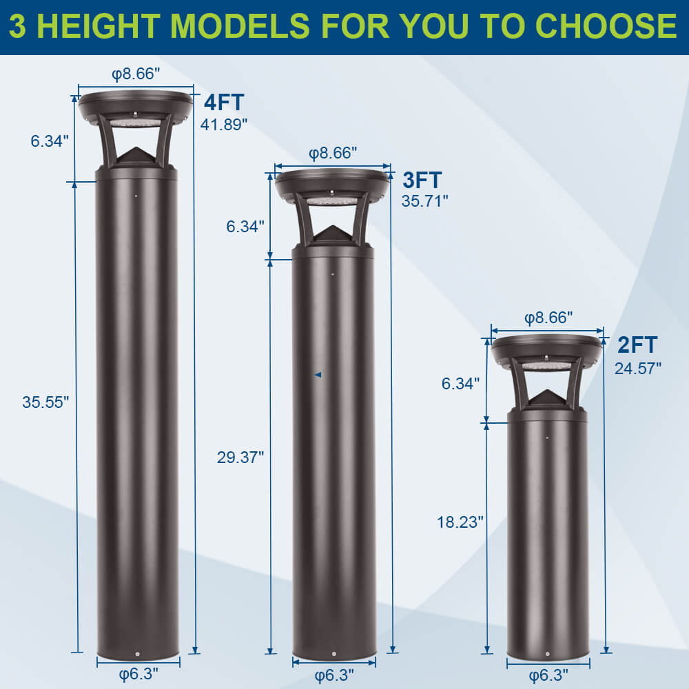 Three height models of a led bollard fixture with dimensions labeled.