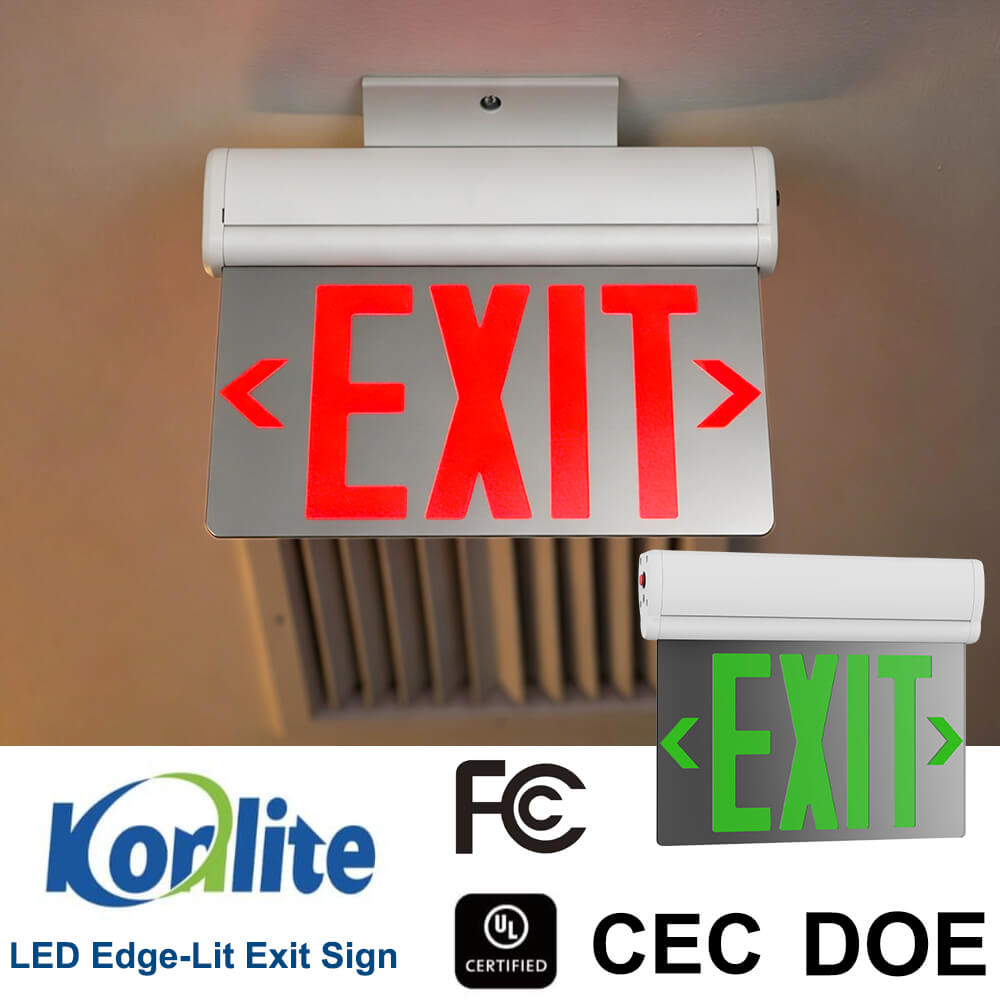 Konlite LED edge-lit exit sign red or green letter side wall mount
