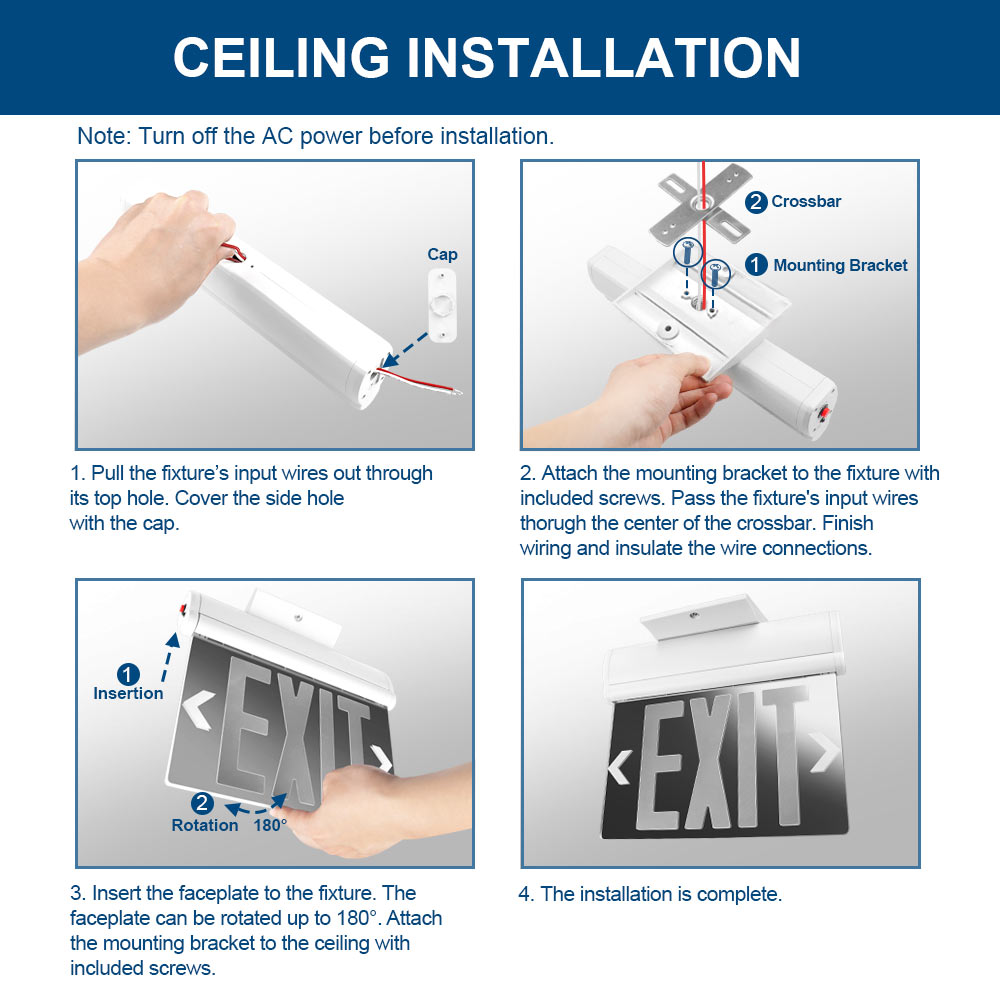 Step-by-step guide for ceiling installation of a light fixture with exit sign.