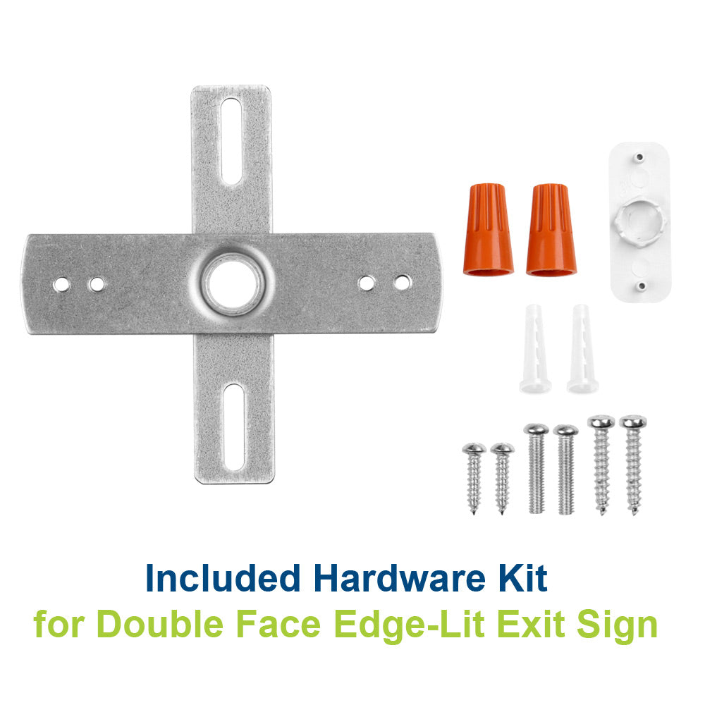 Included hardware kit for a double face edge-lit exit sign on a white background