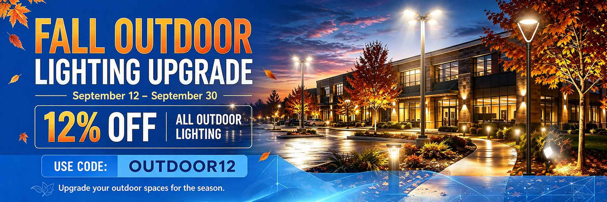 Promotional flyer for a fall outdoor lighting upgrade, featuring a twilight scene of a modern building with illuminated walkways and streetlights. Large text reads 'FALL OUTDOOR LIGHTING UPGRADE,' with dates 'September 12 – September 30,' '12% OFF,' and 'ALL OUTDOOR LIGHTING.