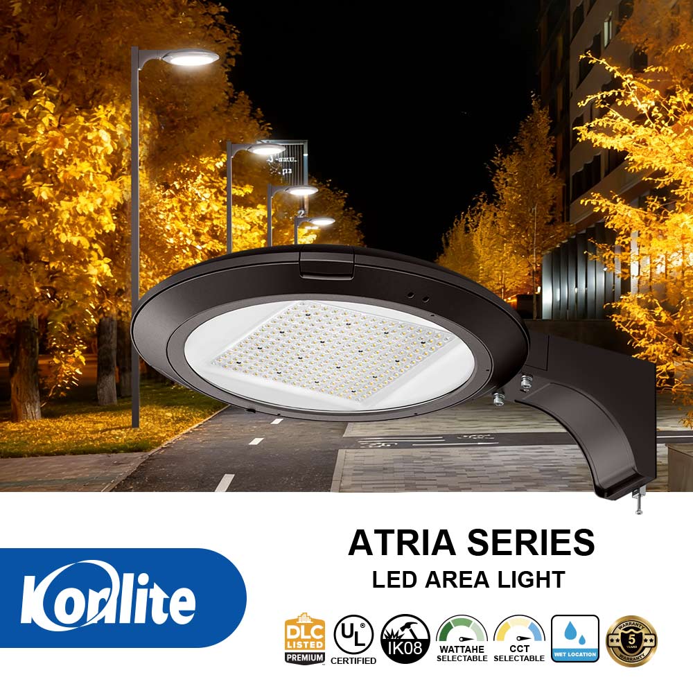 Konlite Atria Series LED area light with streetlight background