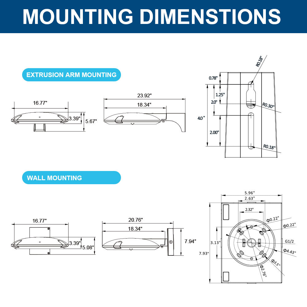 Diagram of dimensions for extrusion arm and wall mounting equipment for Atria LED Area Light.