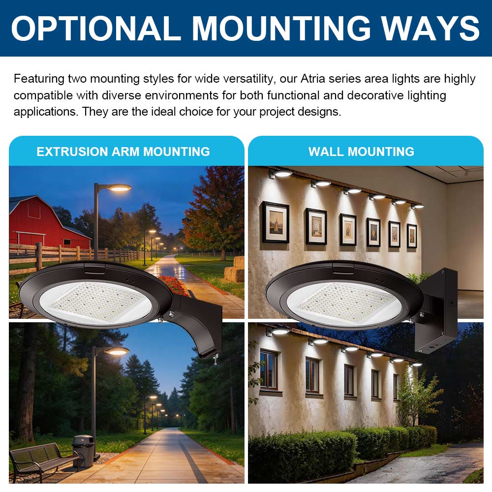 Atria series area lights with extrusion arm and wall mounting options shown outdoors and indoors.