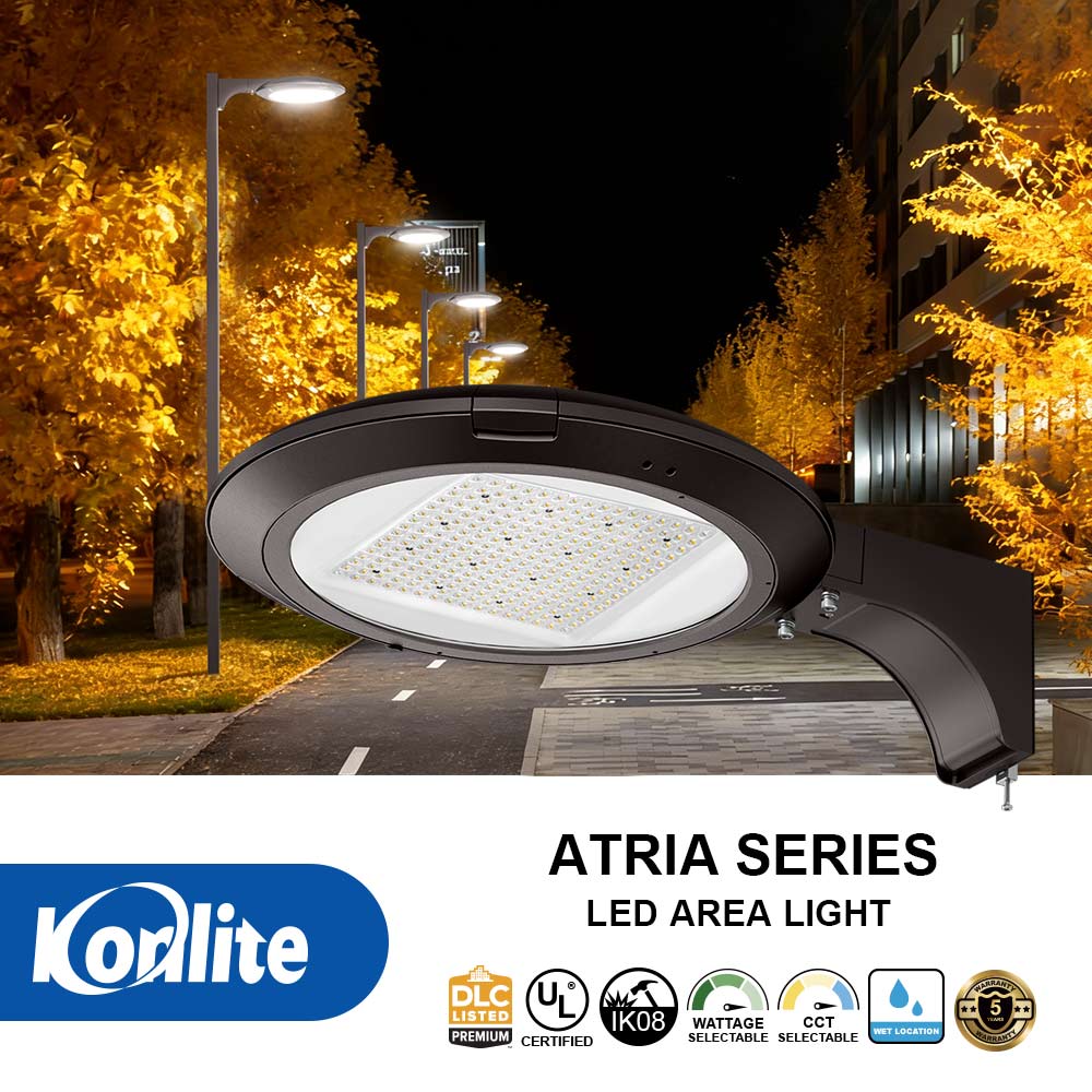 Features and certifications for the Konlite Atria LED Area Light series.