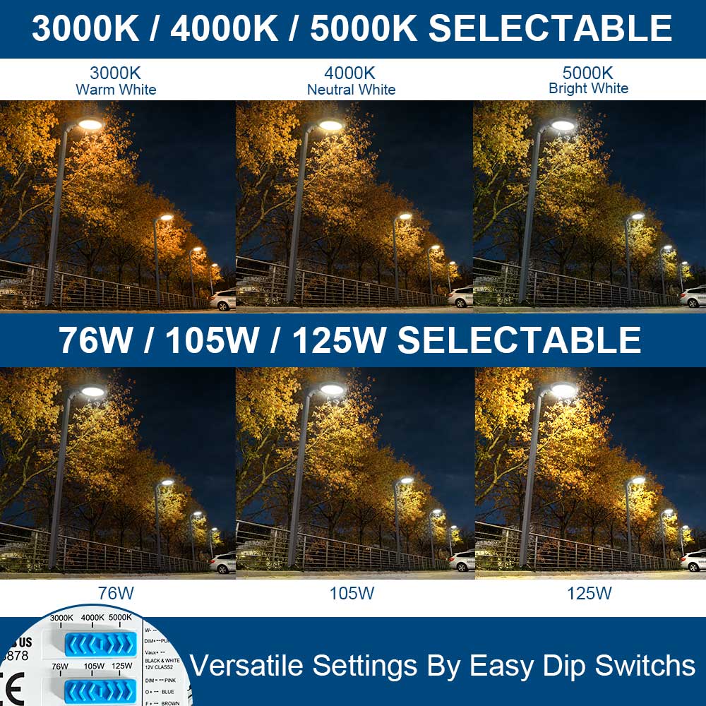 Comparison of 125w Konlite Atira LED Area Light with different color temperatures and wattages at night