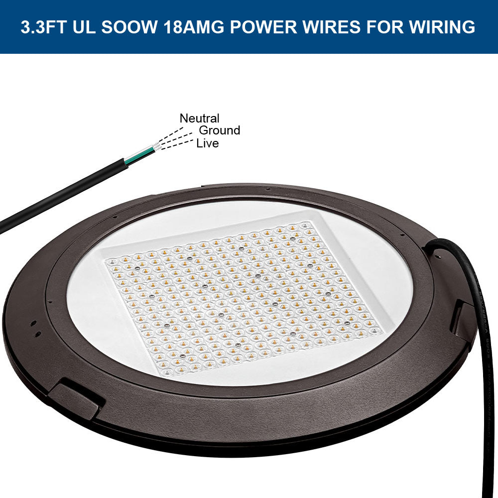 125w Konlite Atira LED Area Light with power wires labeled on a white background