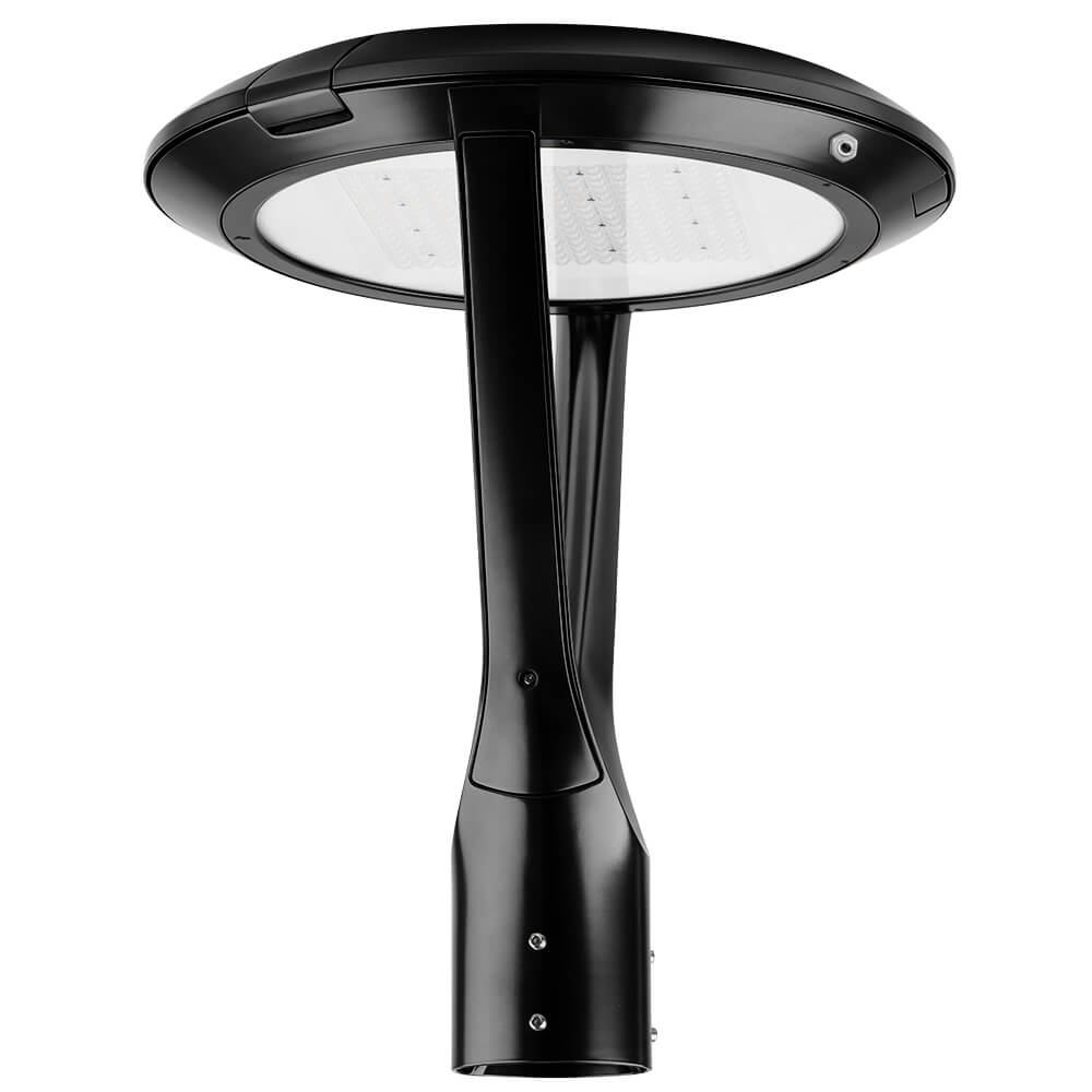 Side view of Black Konlite Atria LED Post Top Light with Photocell Daylight Sensor