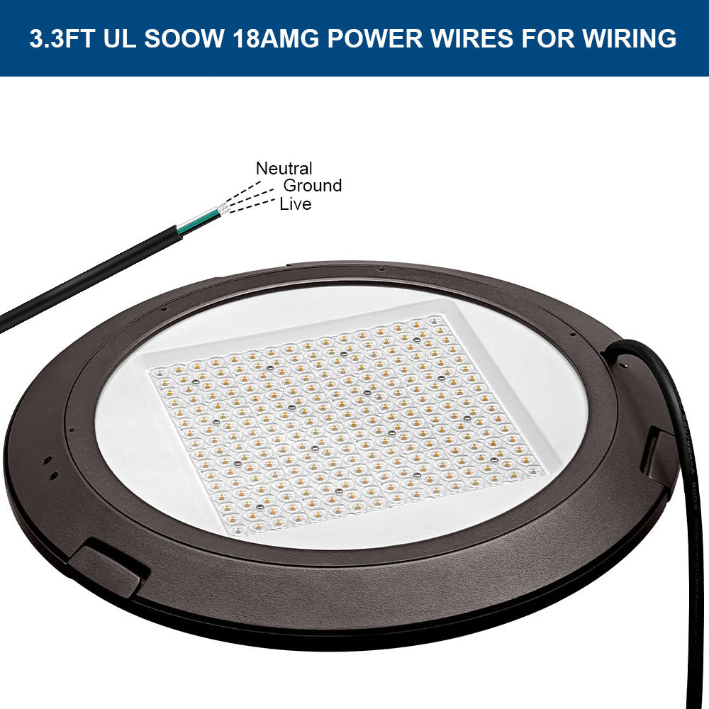 Konlite Atria LED Post Top Light with power wires labeled 