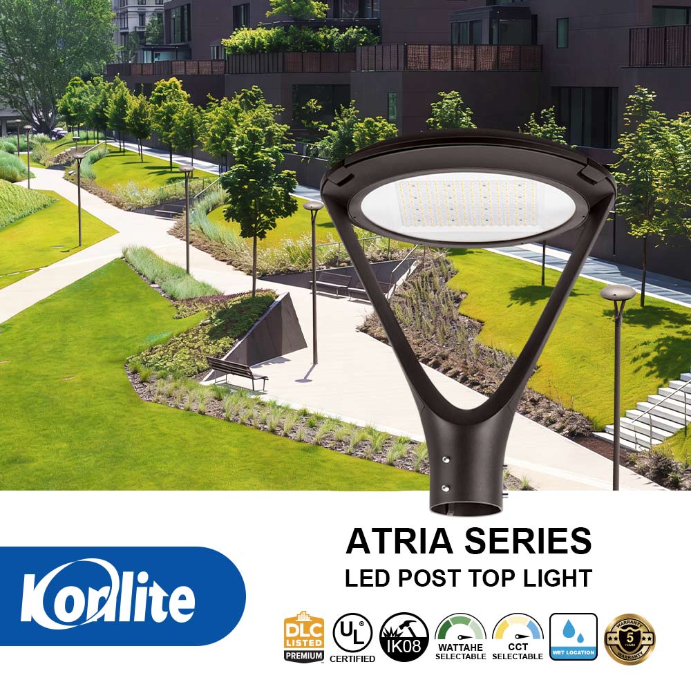 Korllite Atria Series LED post top light in an urban park setting