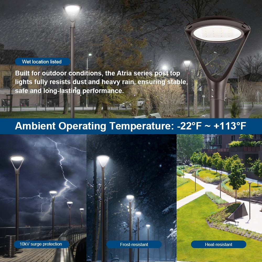 Konlite Atria LED Post Top Lights in various conditions 