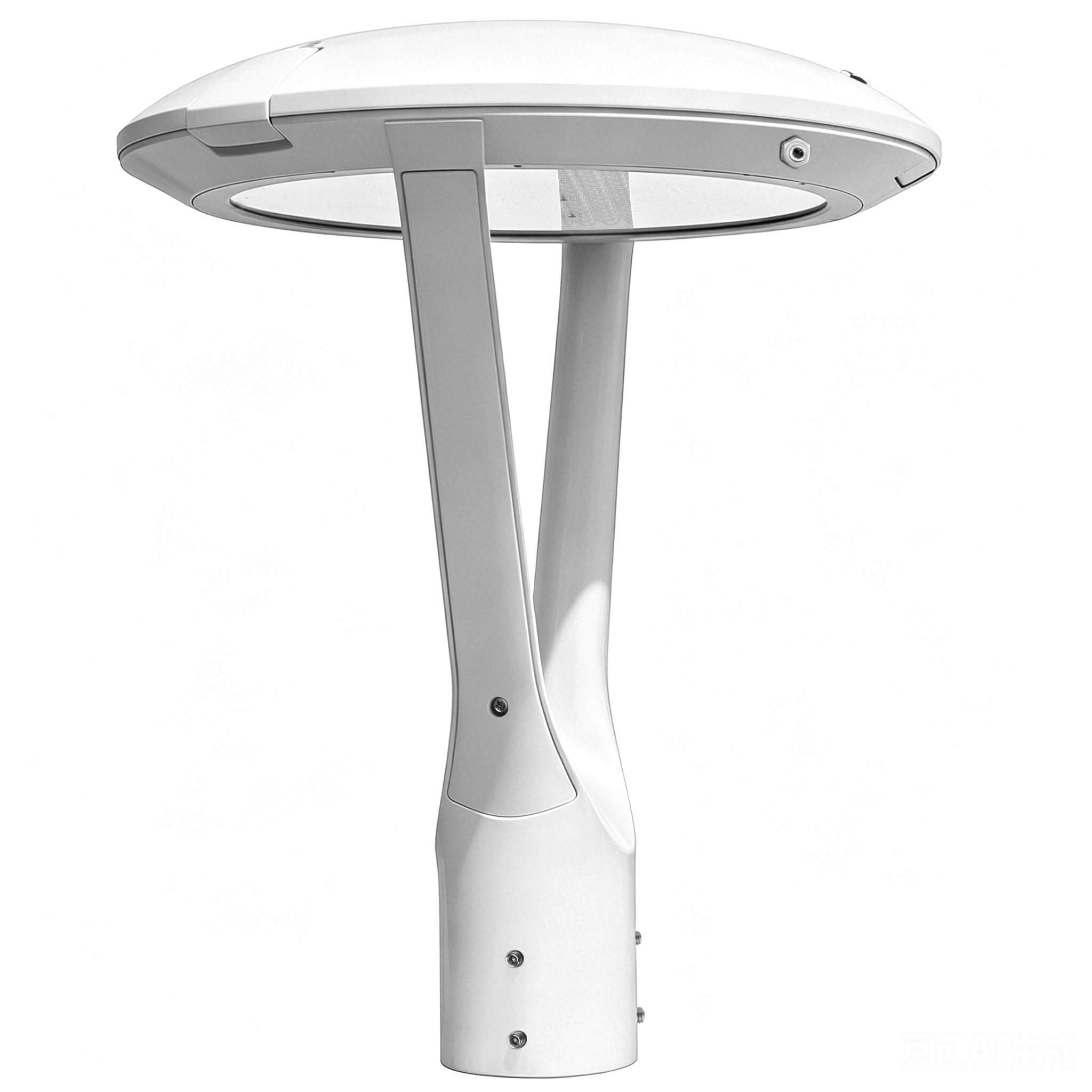 Side view of White Konlite Atria LED Post Top Light with Photocell Daylight Sensor