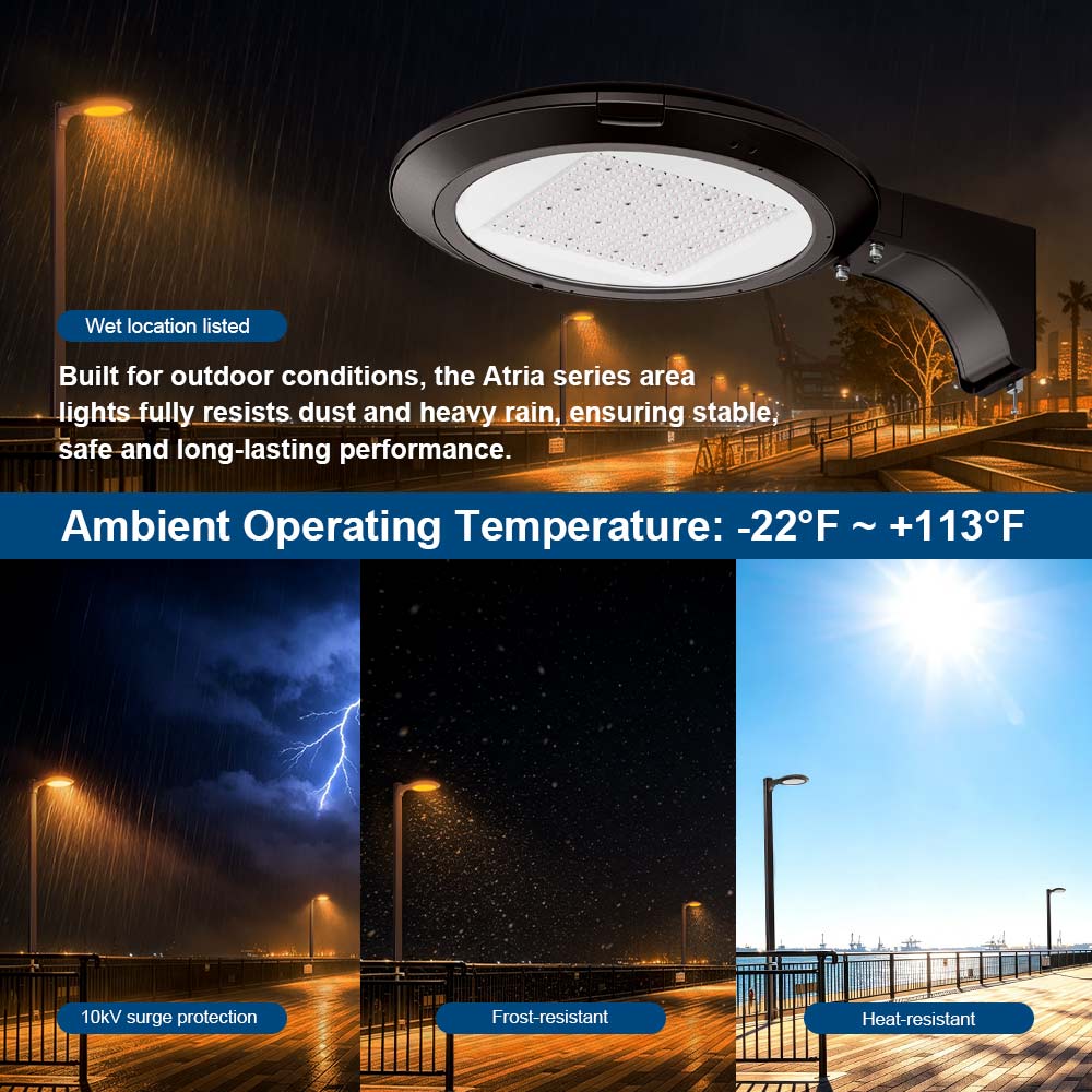 Konlite Atria Turtle Friendly Amber LED Area lights in various outdoor conditions with highlighted weather-resistant features.