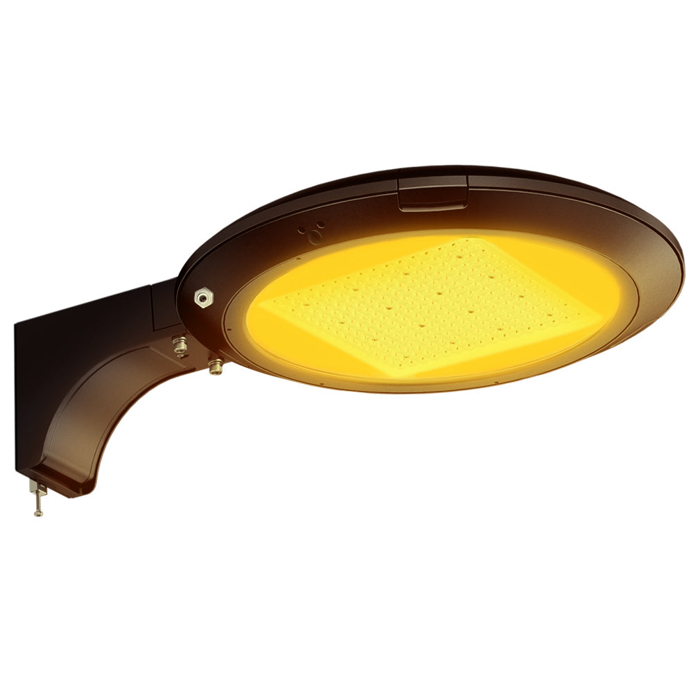 Atria Turtle Friendly Amber Area Light with Extrusion Arm Mounting in Dark Bronze finish with photocell
