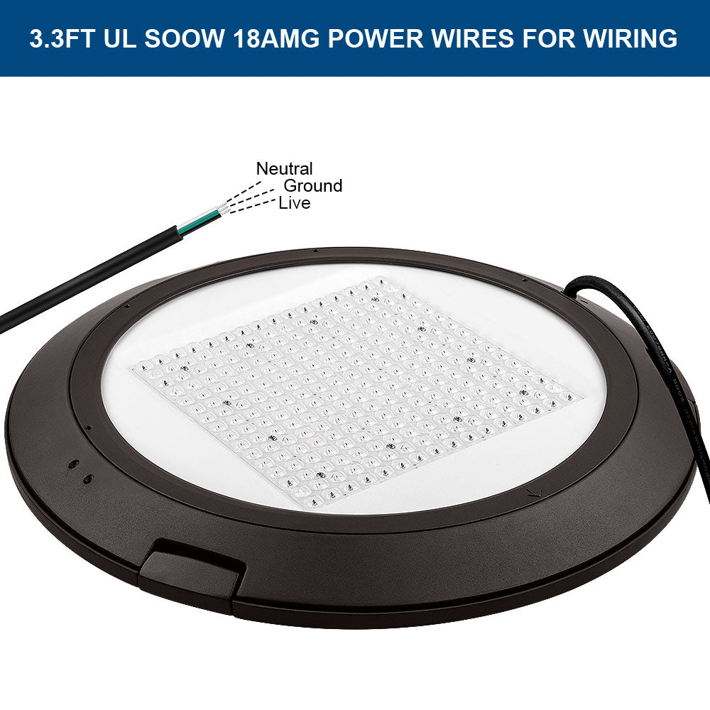 Konlite Atria Premium Amber LED Canopy Light with power wires labeled 