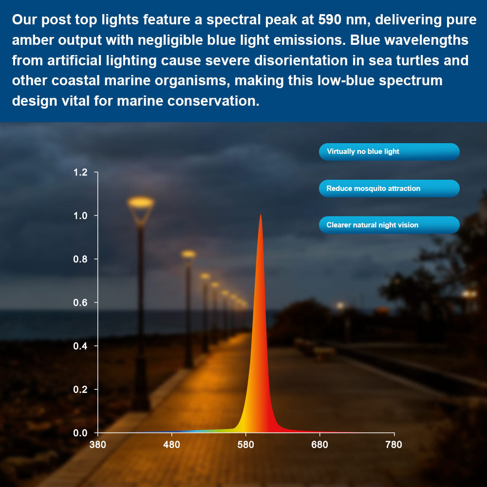 Graph of light emissions for different wavelengths showing the true amber 590nm LED light and explanation of benefits
