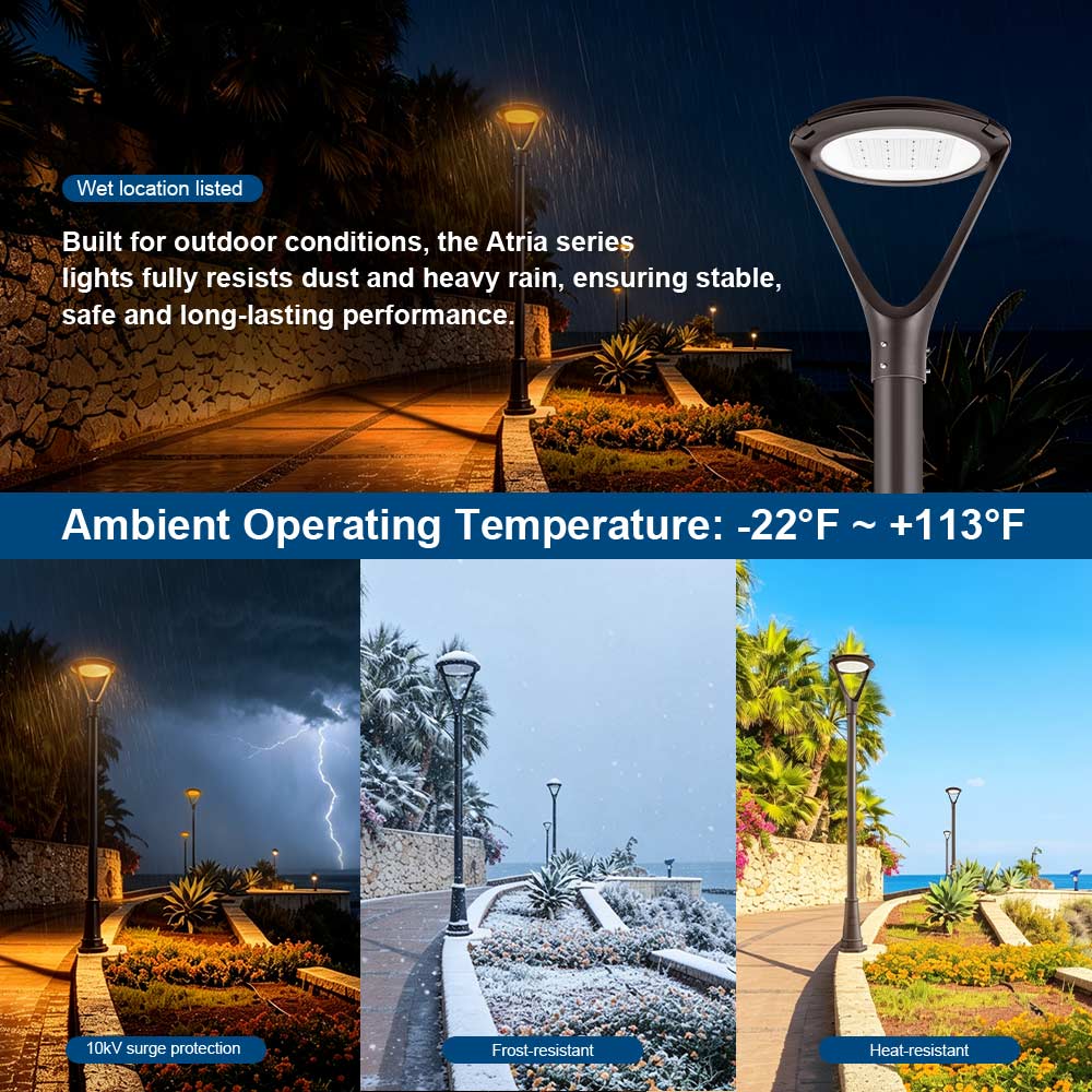 Atria Amber LED Post Top Light in storming, snowing, and hot conditions highlighting the weather-resistant design