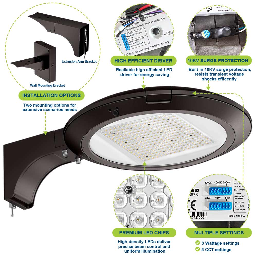 Konlite Atira LED Area Light - 9,450 lumens - Type V - 63W/53W/33W - 3CCT - Dark Bronze - 120-277V - 250W Equal