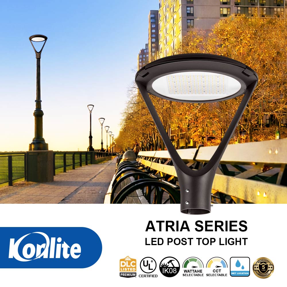 Korllite Atria Series LED post top light in an urban park setting
