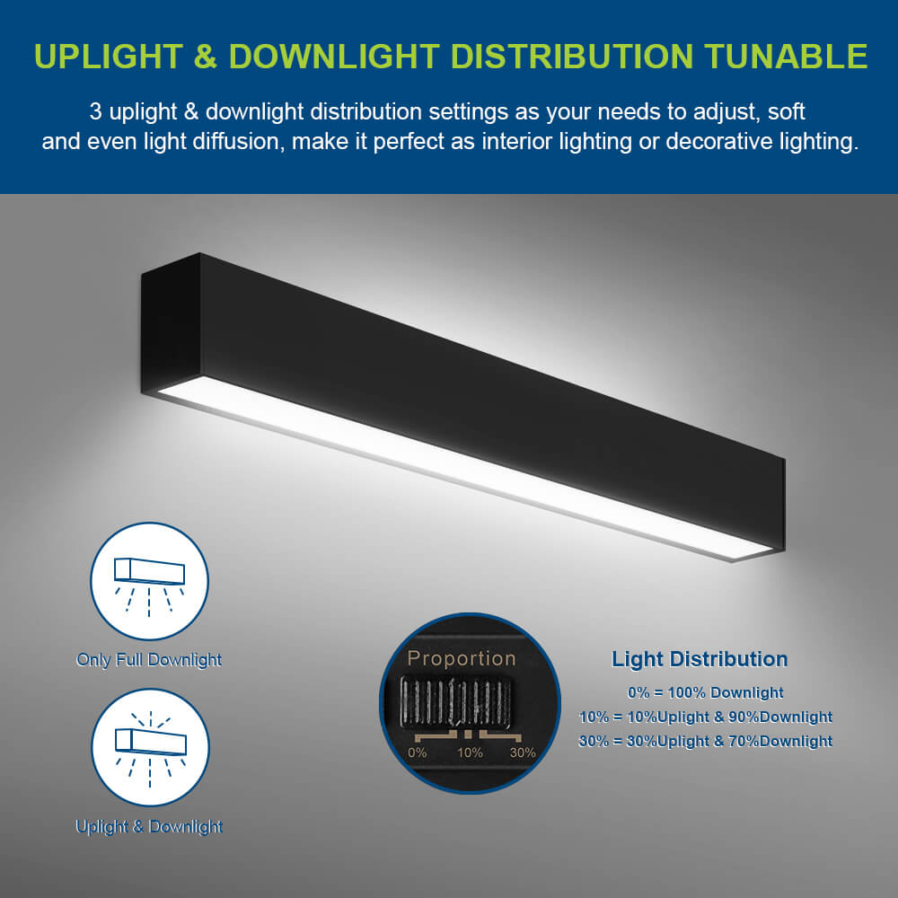 Black  2FT Architectural Linear Light LED Linear Fixture with adjustable uplight and downlight distributions