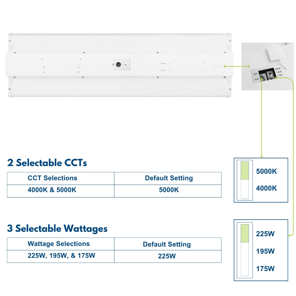 Konlite ALTA 225W LED High Bay Light wattage and CCT selectable