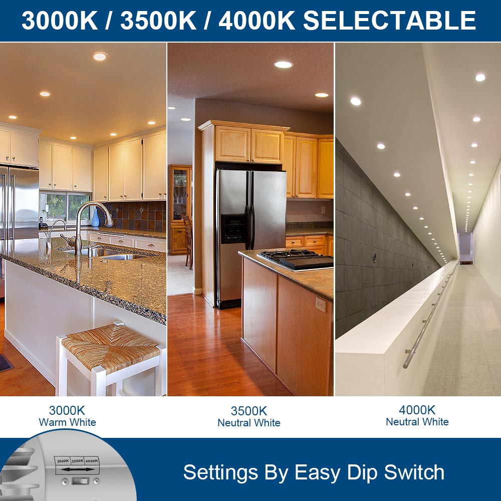 Collage of a kitchen, living room, and hallway with different color temperatures indicated.