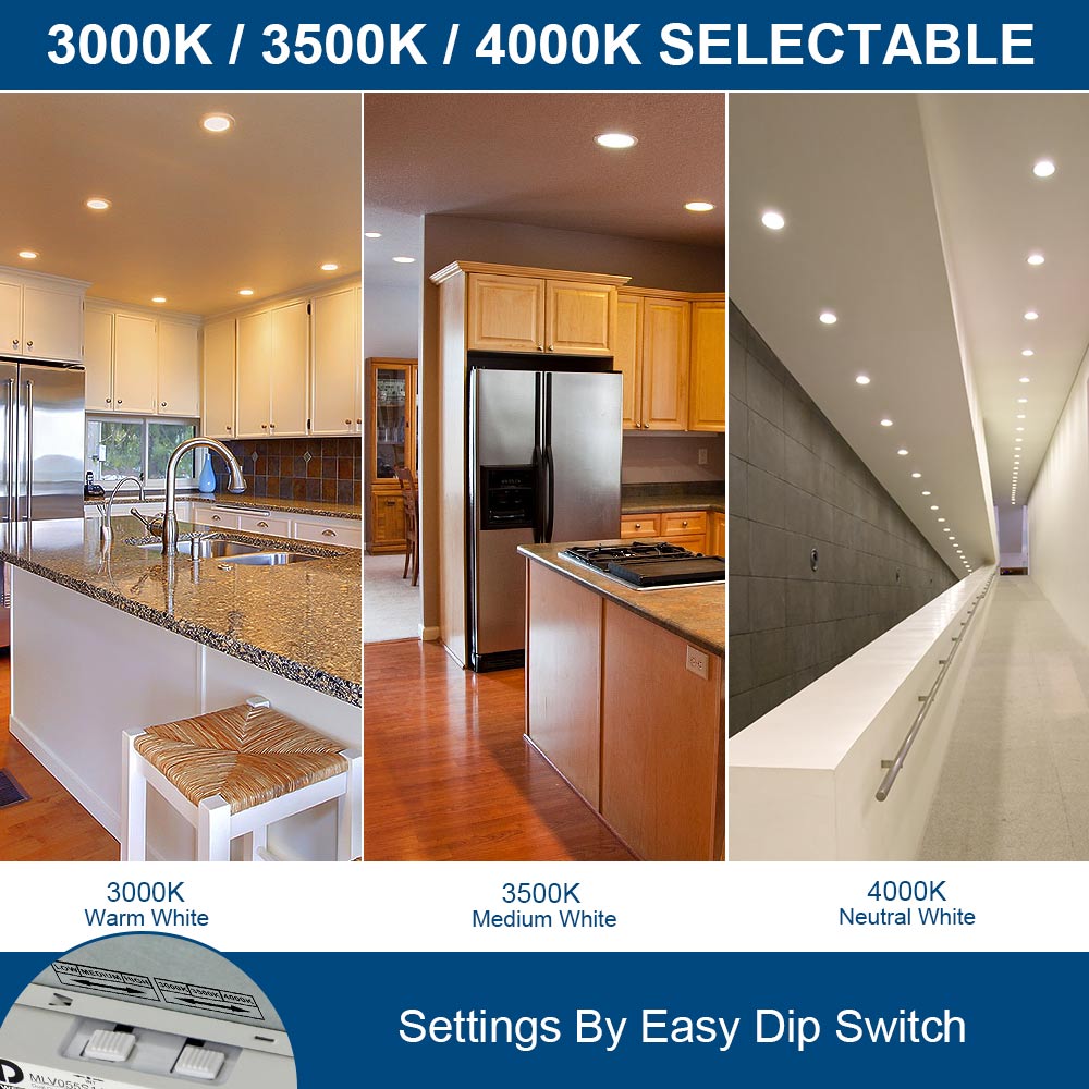 Collage of a kitchen, hallway, and room with different color temperature settings labeled 3000K, 3500K, and 4000K.