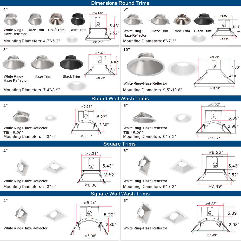 Chart displaying dimensions of various lighting trim models including round and square wall wash trims.