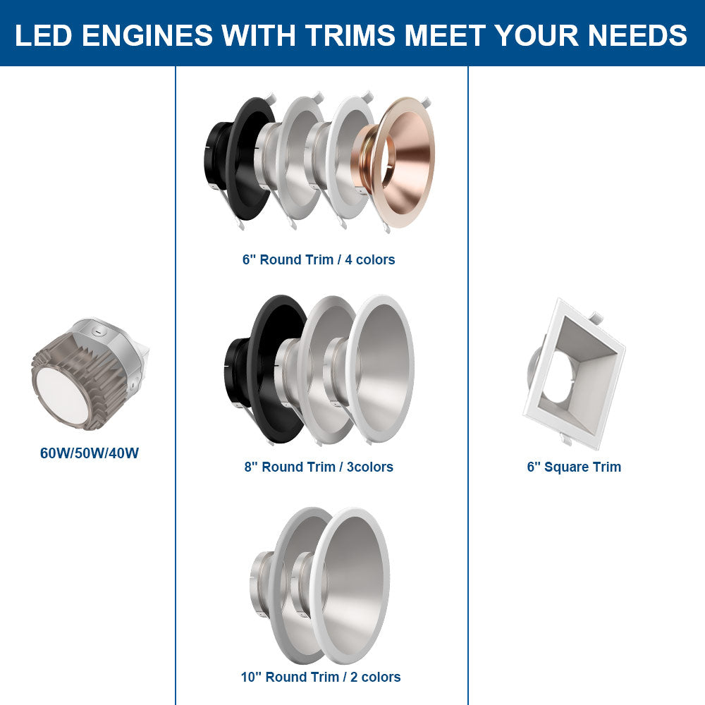 Konlite LED downlight engine with trims in various sizes and colors