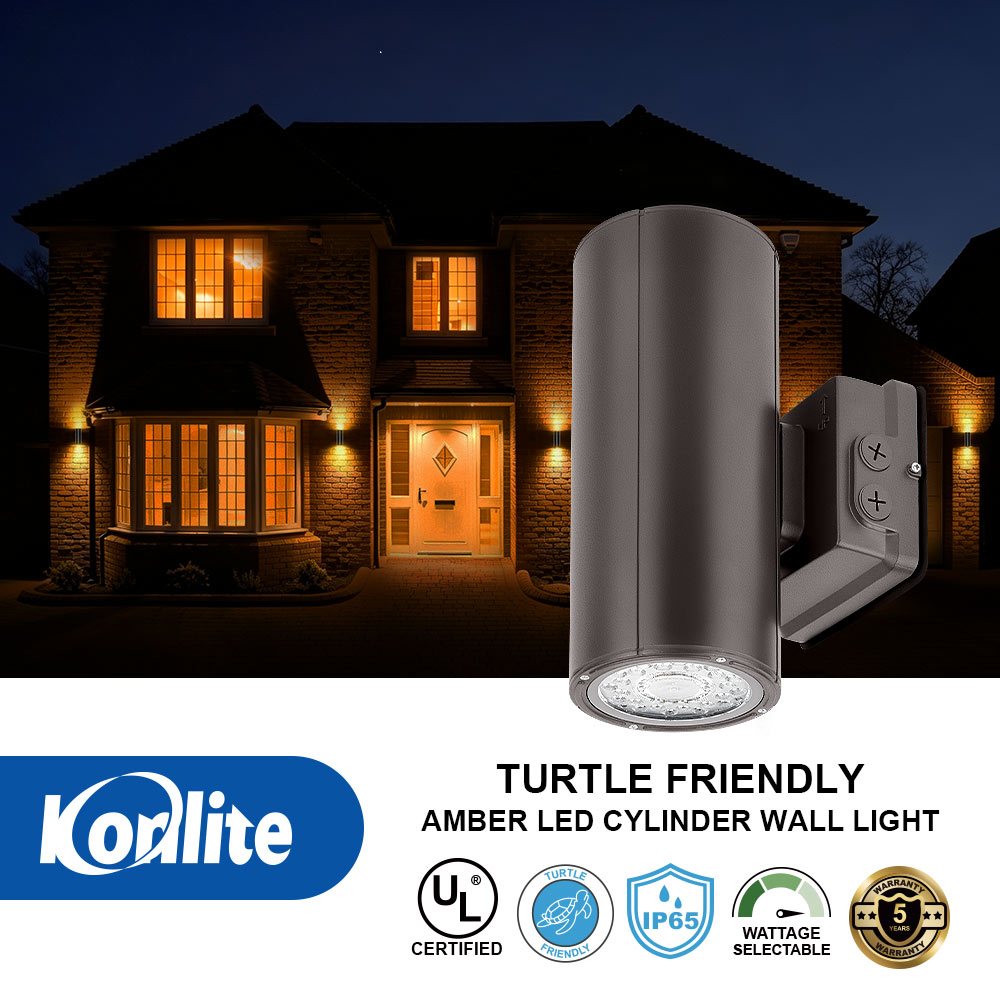 Konlite amber LED cylinder wall light shown in front of a house at night, with product details, brand logo, and certification badges along the bottom.