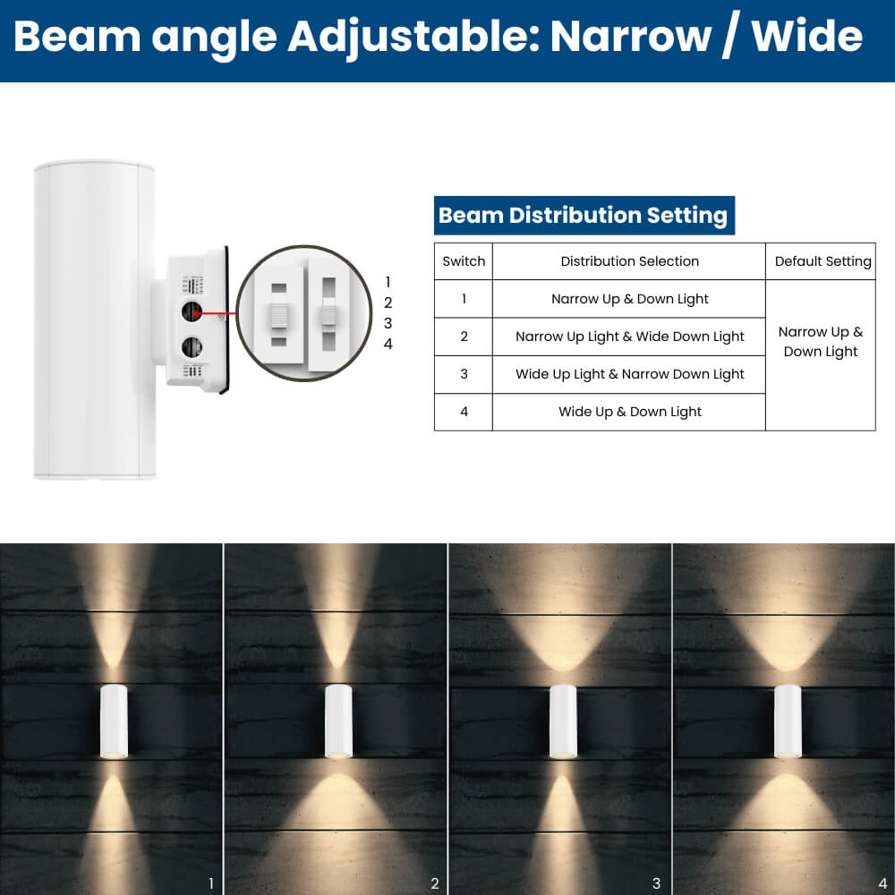 Beam Angles settings  of Konlite LED Cylinder Up and Down Wall Light fixture 