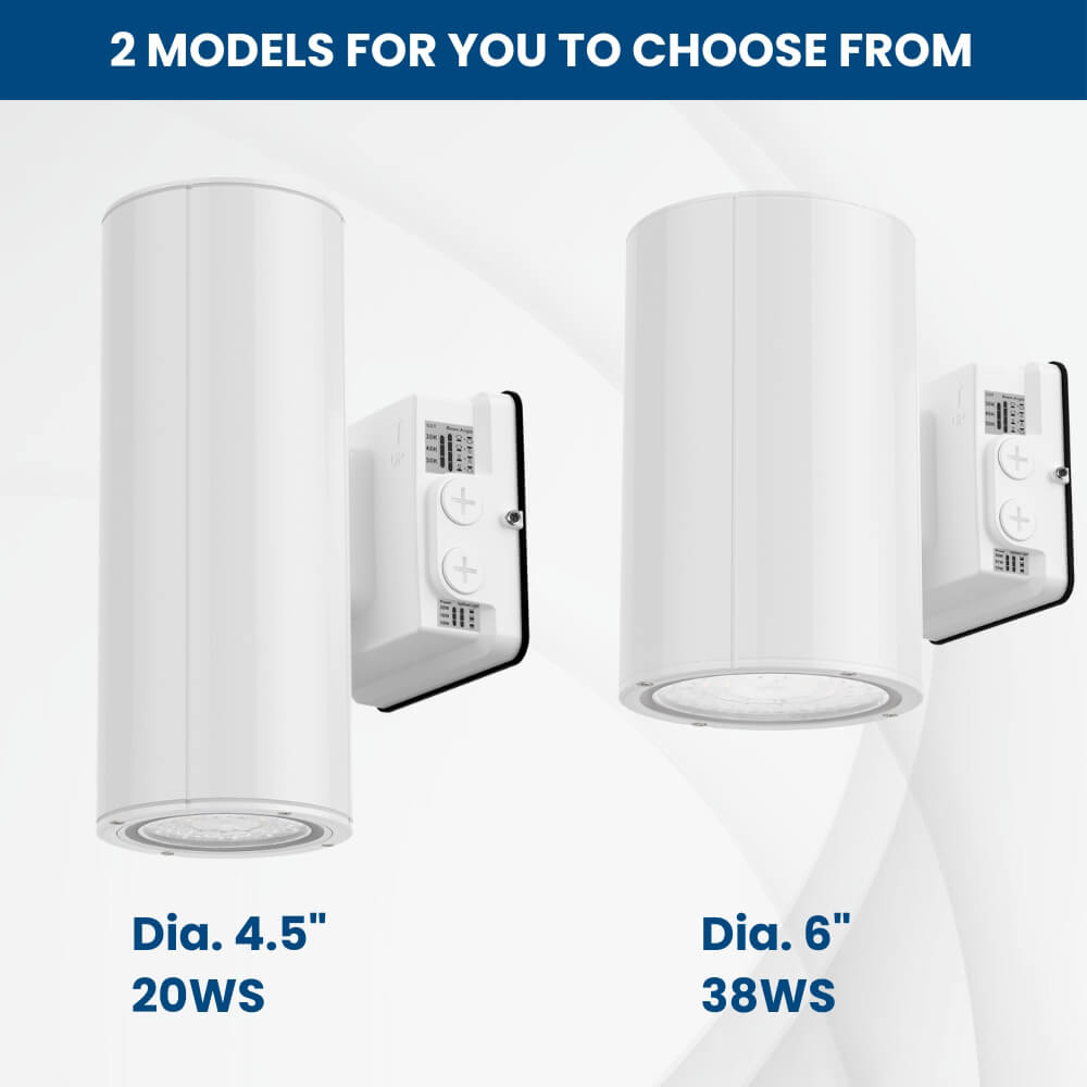 2 models of white Konlite LED Cylinder Up and Down Wall Light fixture 