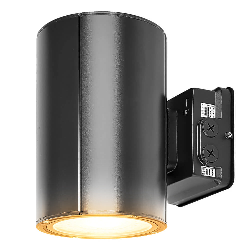 Konlite Amber LED Cylinder Up & Down Wall Light - Outdoor Wall Sconce - 38W/31W/19W Selectable - 590nm Wildlife Friendly - 120-277V - Photocell with Cap