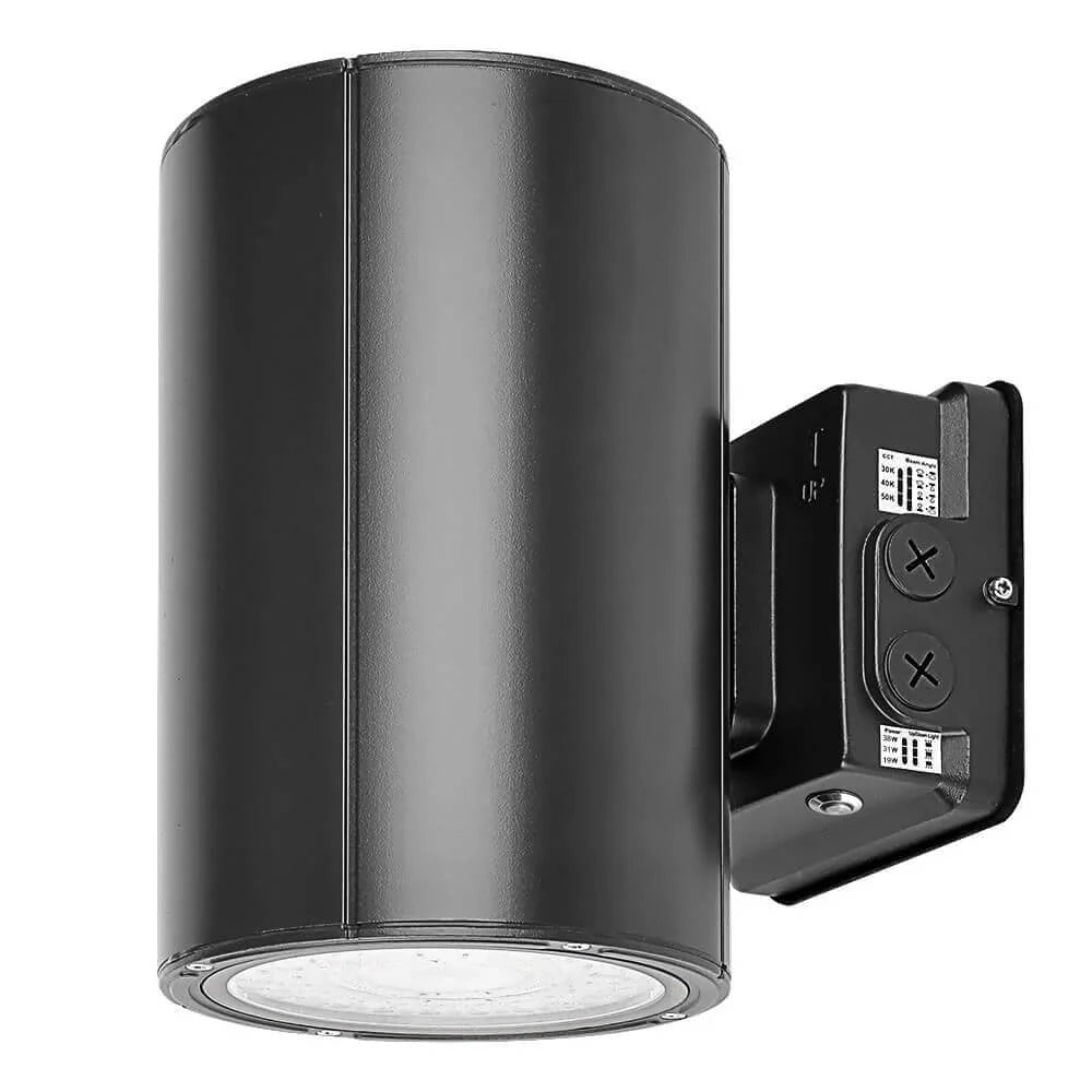 Black Housing Konlite 38W Amber LED Cylinder Wall Light - Wildlife friendly - with pre-installed emergency battery back up