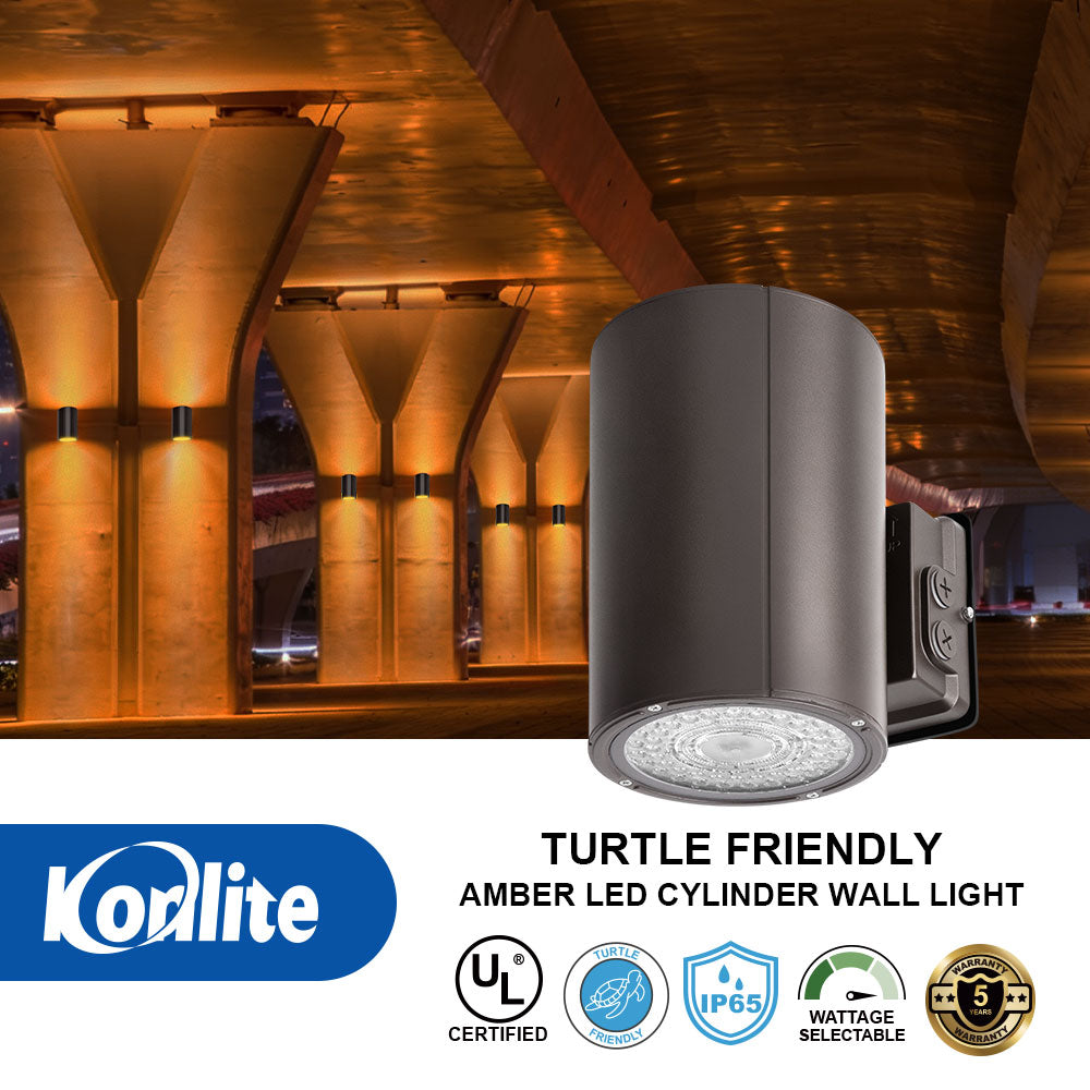 Konlite amber LED cylinder wall light shown in a real architectural environment with warm illuminated columns and ceiling, plus a white lower banner with product text and certification badges.