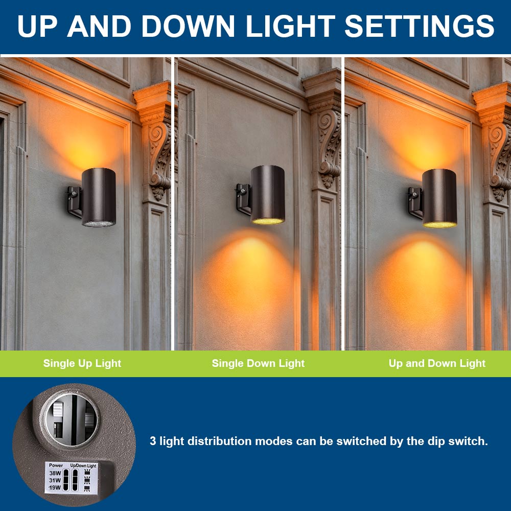Up and down light settings of Konlite 38W Amber LED Cylinder Wall Light - Wildlife friendly
