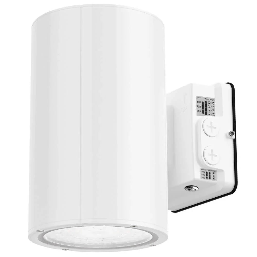 White Konlite 38W Amber LED Cylinder Wall Light - Wildlife friendly - with pre-installed emergency battery back up