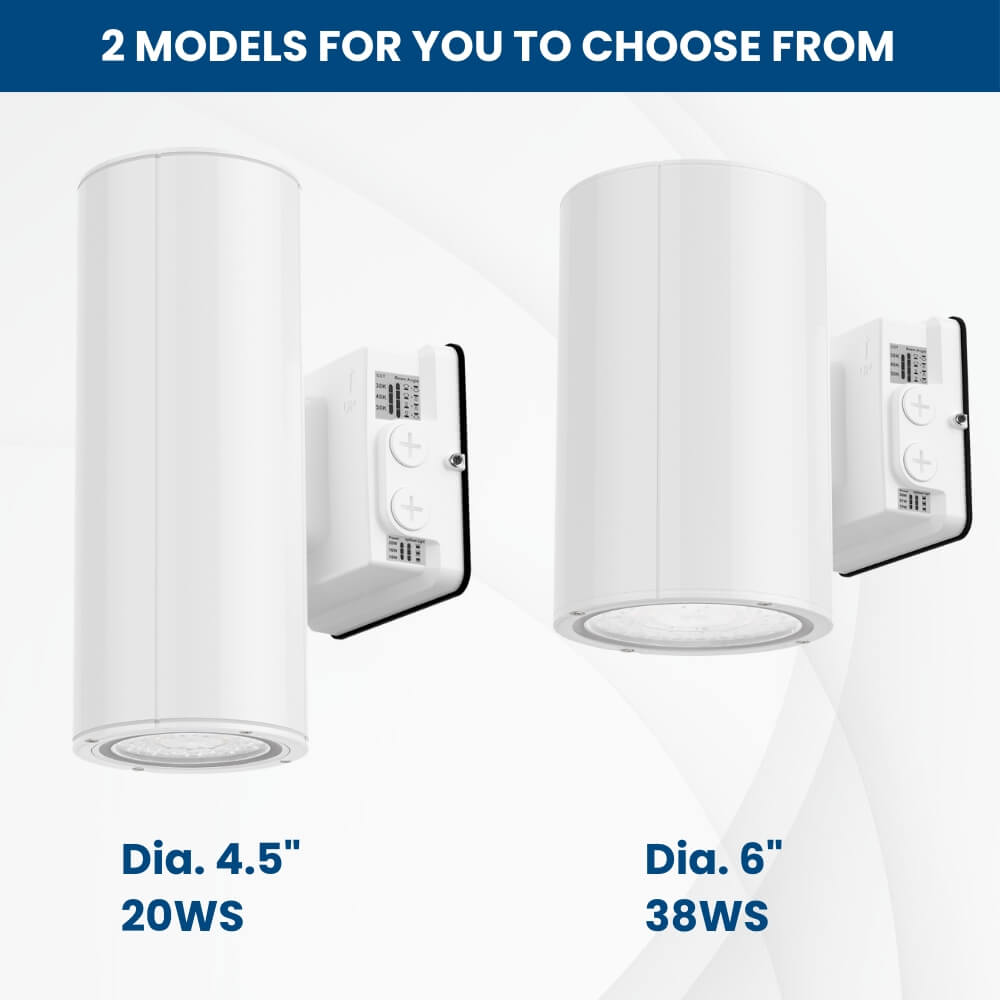 Two models of white Konlite LED Cylinder Up and Down Wall Light fixture 