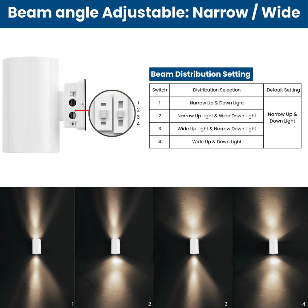 Beam angles settings of Konlite 6 inch LED Cylinder Up and Down Wall Light fixture 