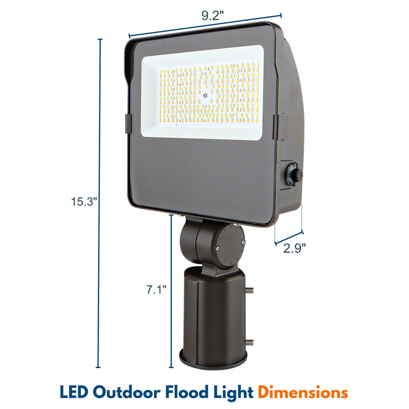 Dimensions of a Konlite Navi LED Flood Light with Slipfitter Mount