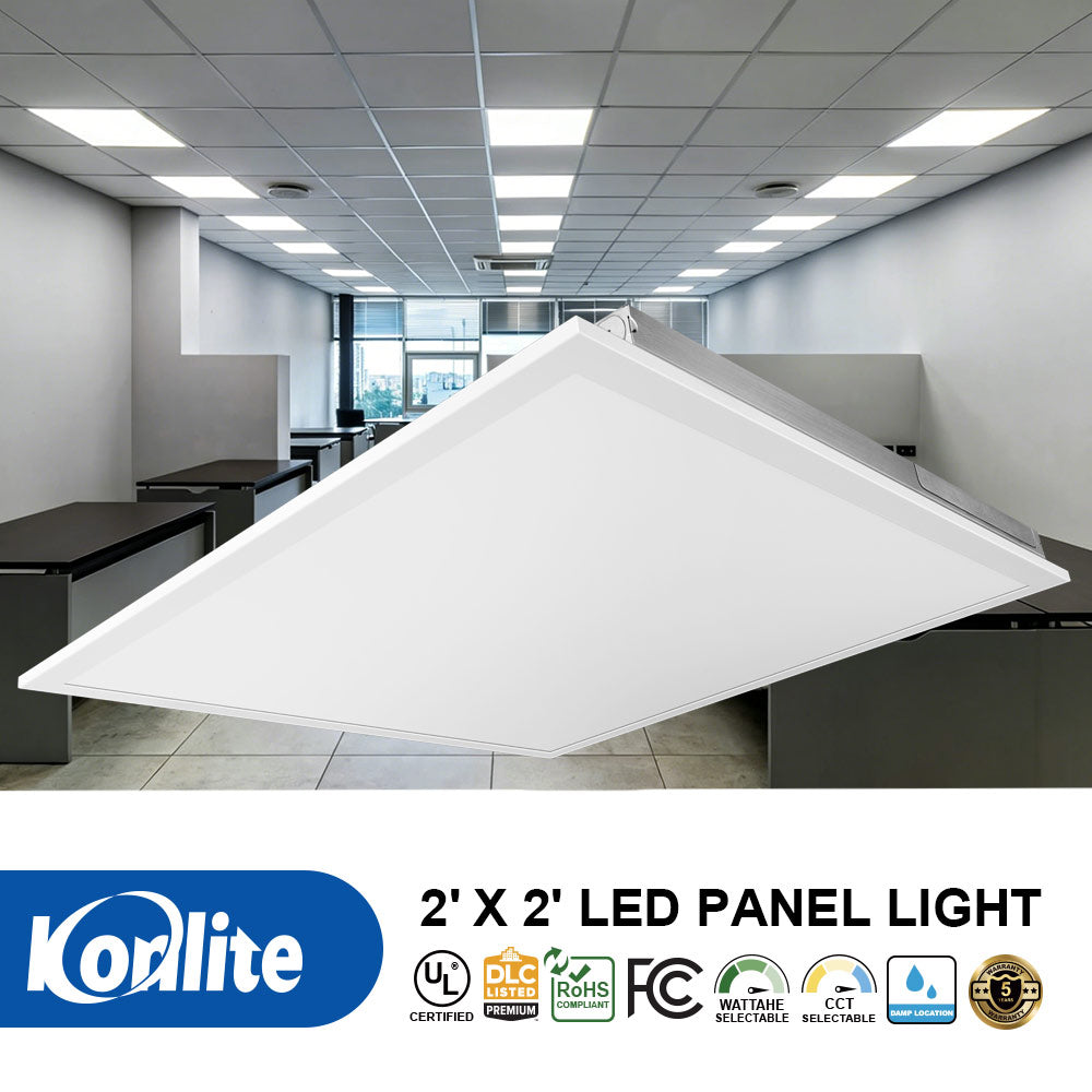 LED panel light in an office setting with Konlite branding and certification logos.