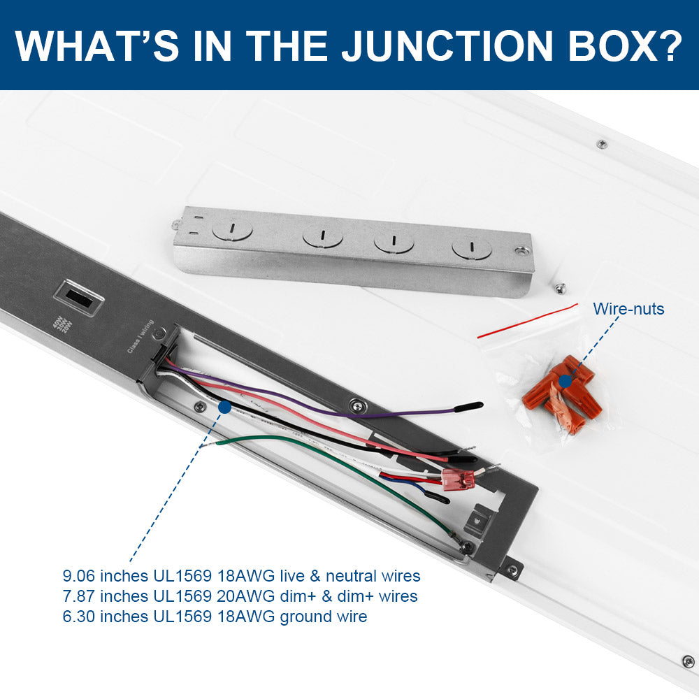 Diagram of a junction box with wiring and components labeled on a  2x2 ft. Konlite led panel light
