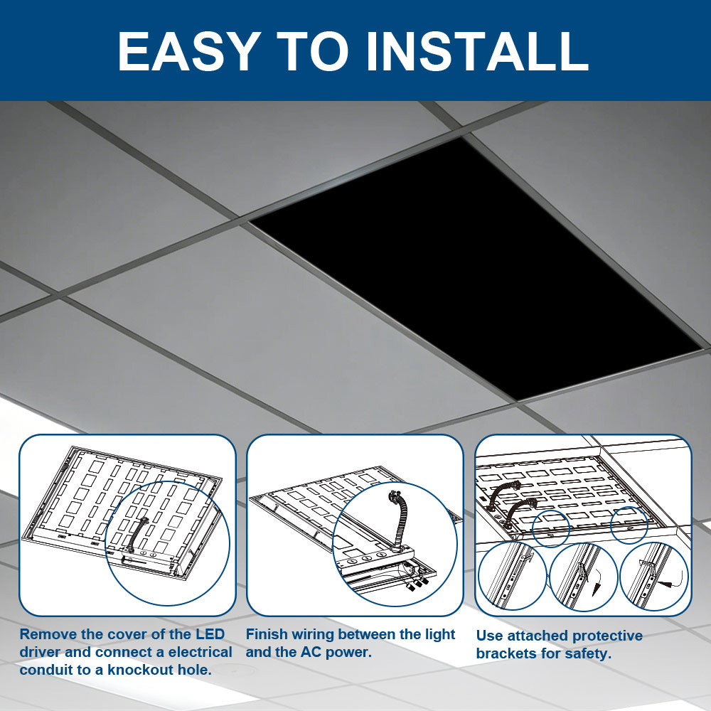 Konlite LED Panel light fixture installation guide with step-by-step instructions on a tiled ceiling background.