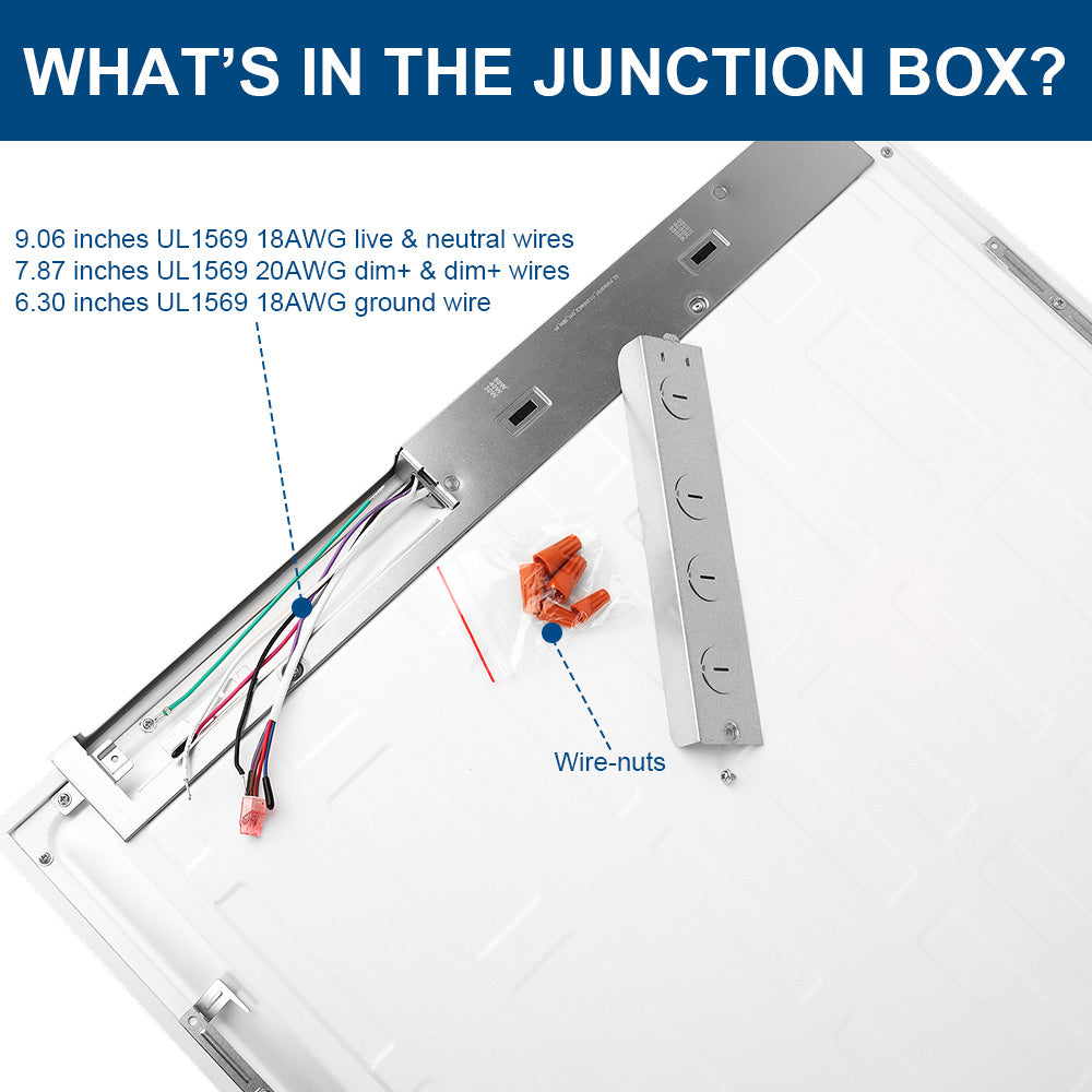 Junction box with wiring and components labeled on Konklite LED Panel Light