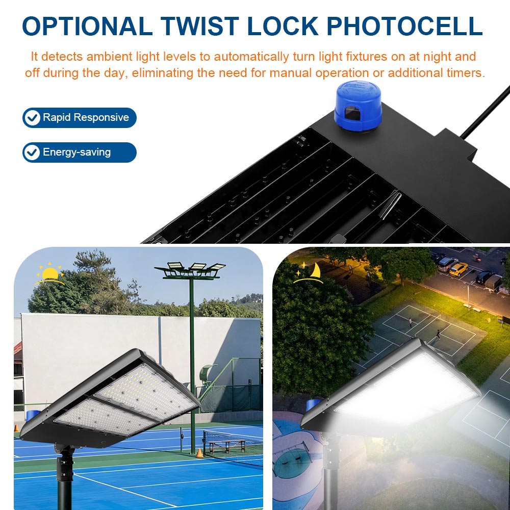 Photocell option of a Konlite Spica 400W Black LED Sports Light - Tennis Court Light with Slip Fitter Mount