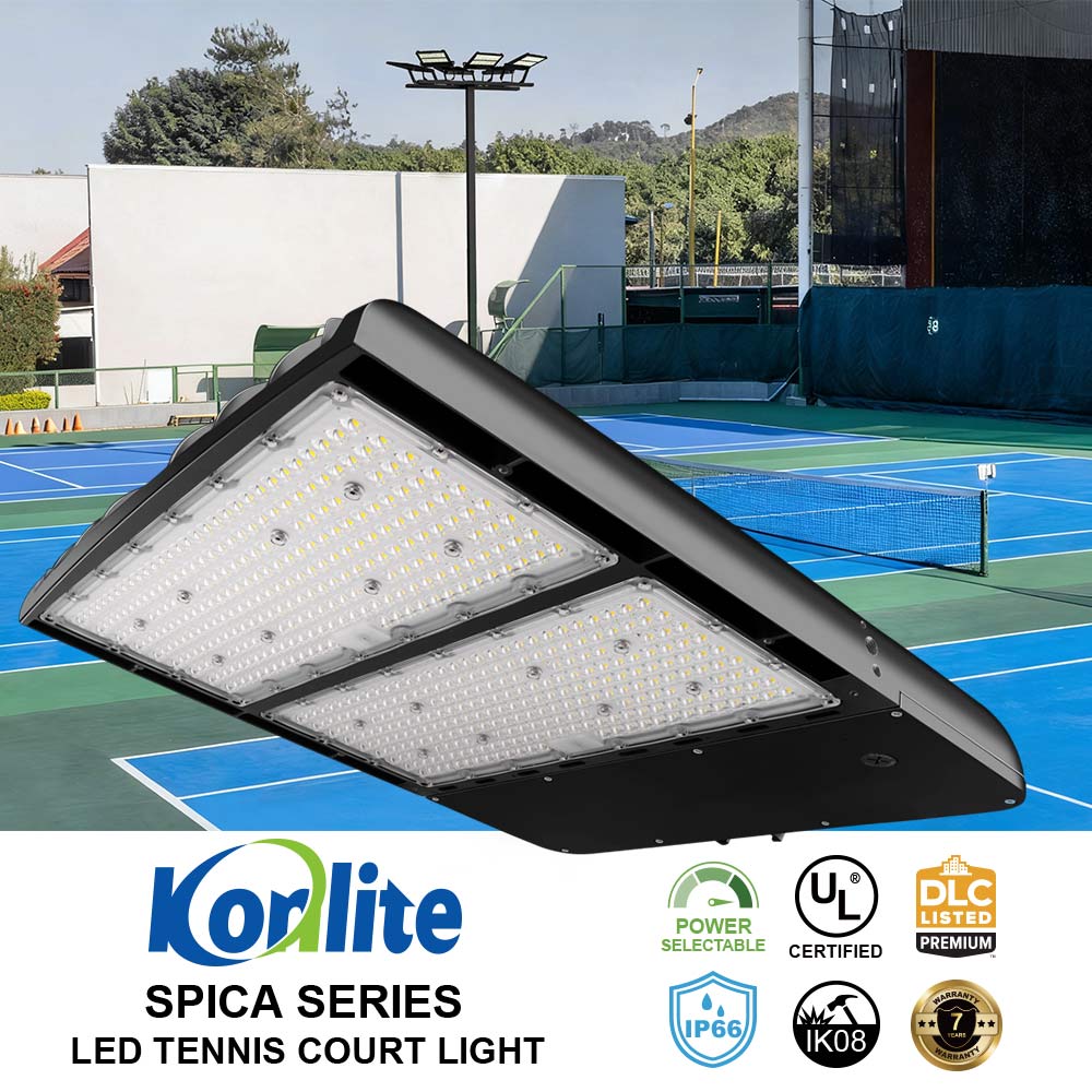 Koralite Spica Series LED tennis court light on a tennis court background