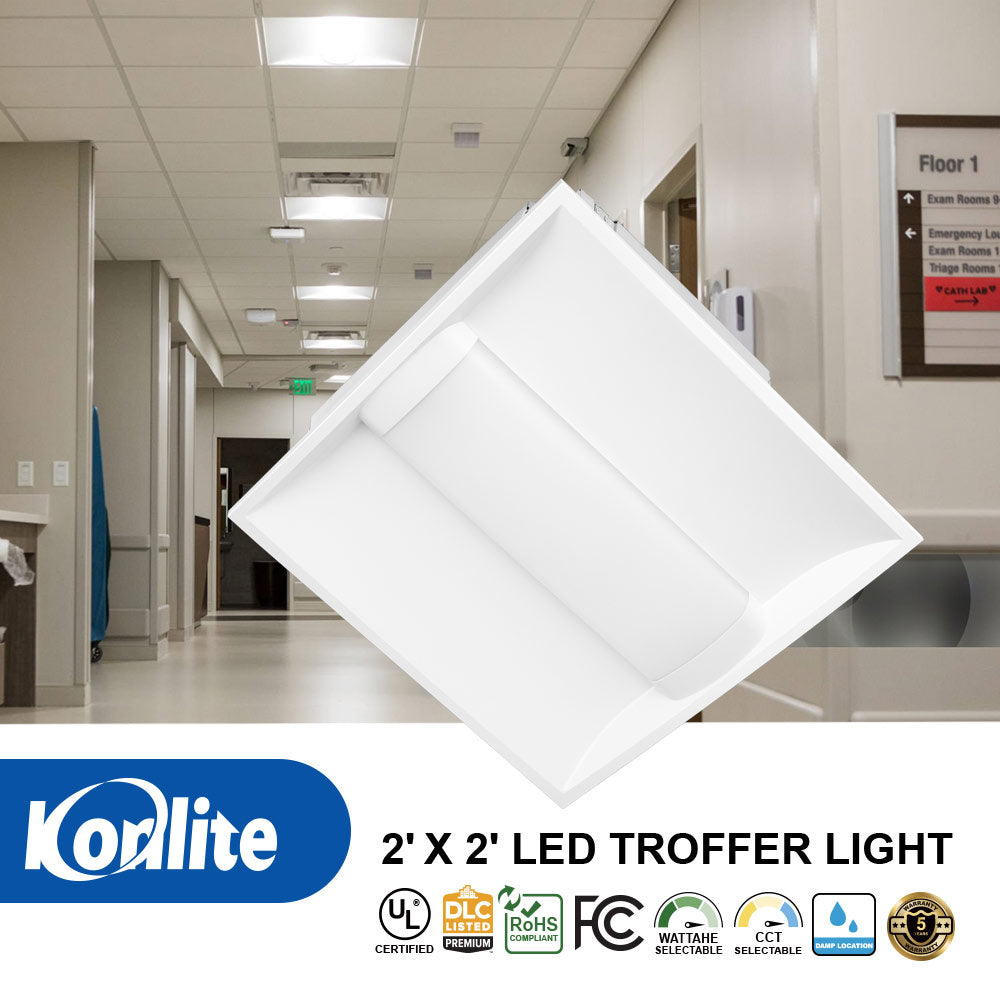 Korlite 2' x 2' LED troffer light in a hallway setting