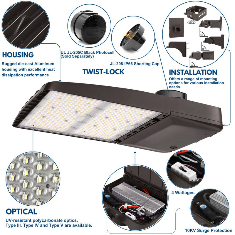 Konlite Vela wattage selectable 310W 5000K led parking lot light product details