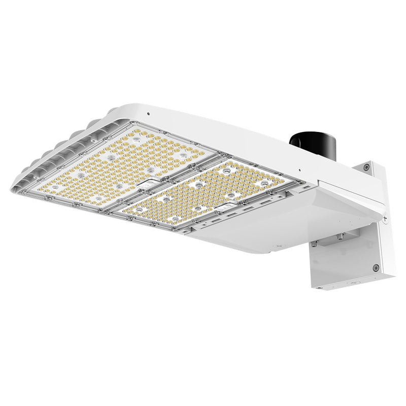 Konlite Vela III 310W LED White Parking Lot Light with wall mount arm and photocell