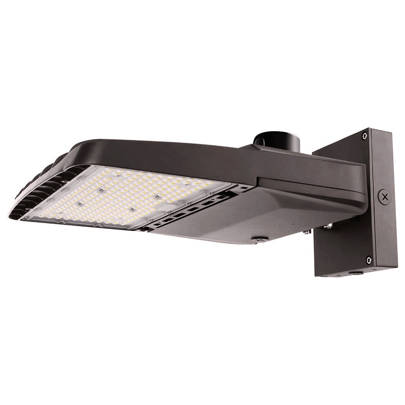 Type 4 Wattage selectable Vela LED Area light with wall arm and dusk to dawn photocell